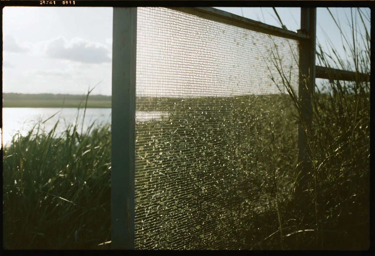 Close-up of aluminum enclosure frame with salt residue and oxidation, Gulf Coast vegetation behind