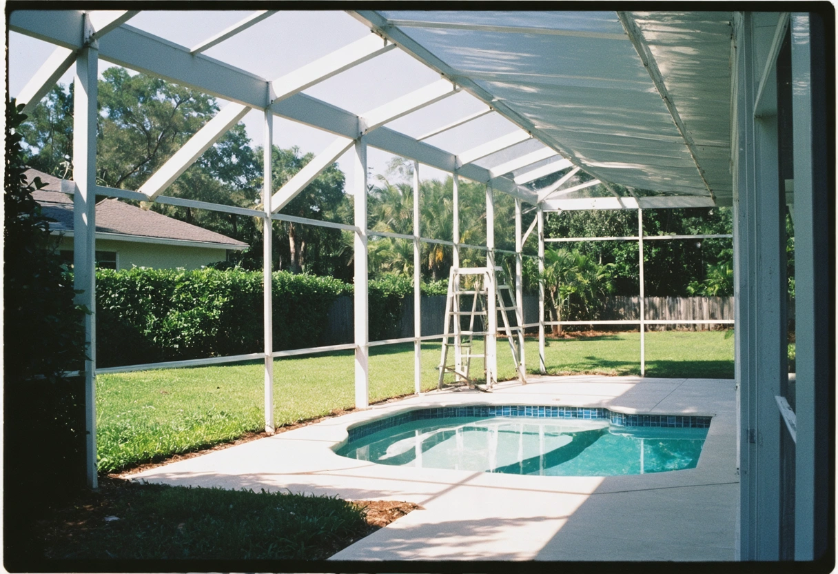 Close-up of sturdy aluminum pool enclosure beams and screens with Florida backyard visible