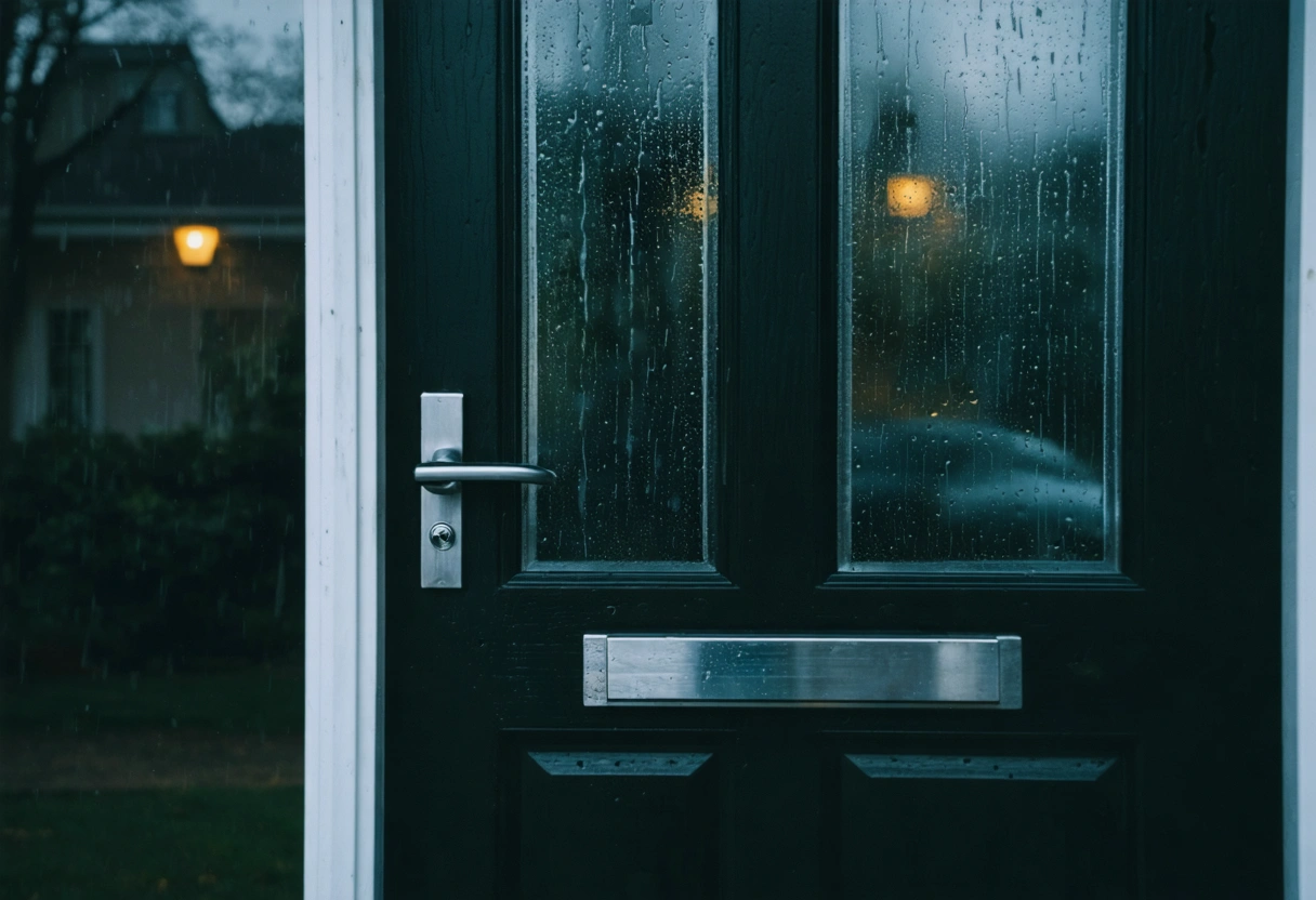 Reinforced aluminum front door with impact-resistant glass, secure locks, heavy rain and wind outside