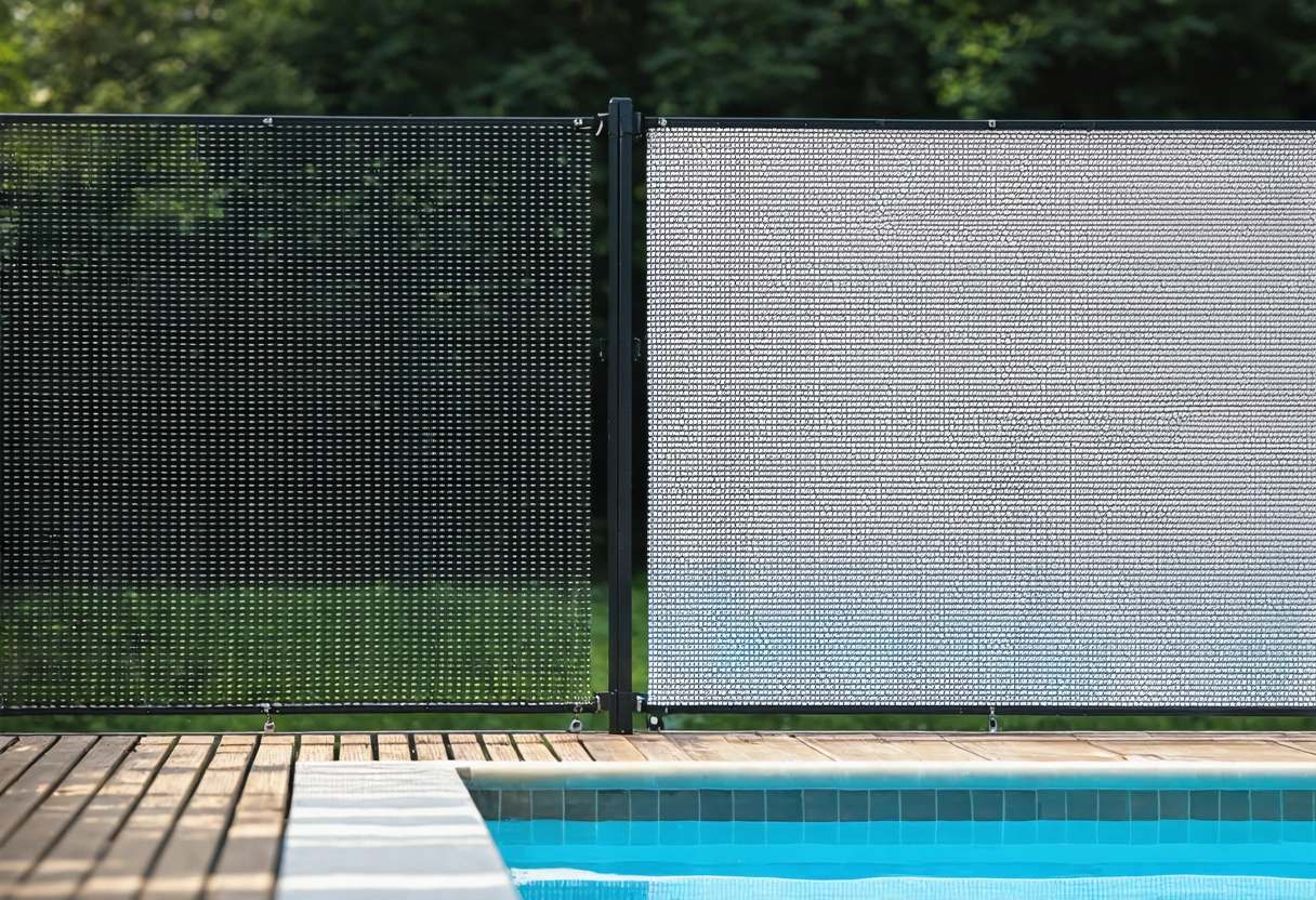 Close-up comparison of fiberglass and polyester pool enclosure screens with sunlight and blurred background