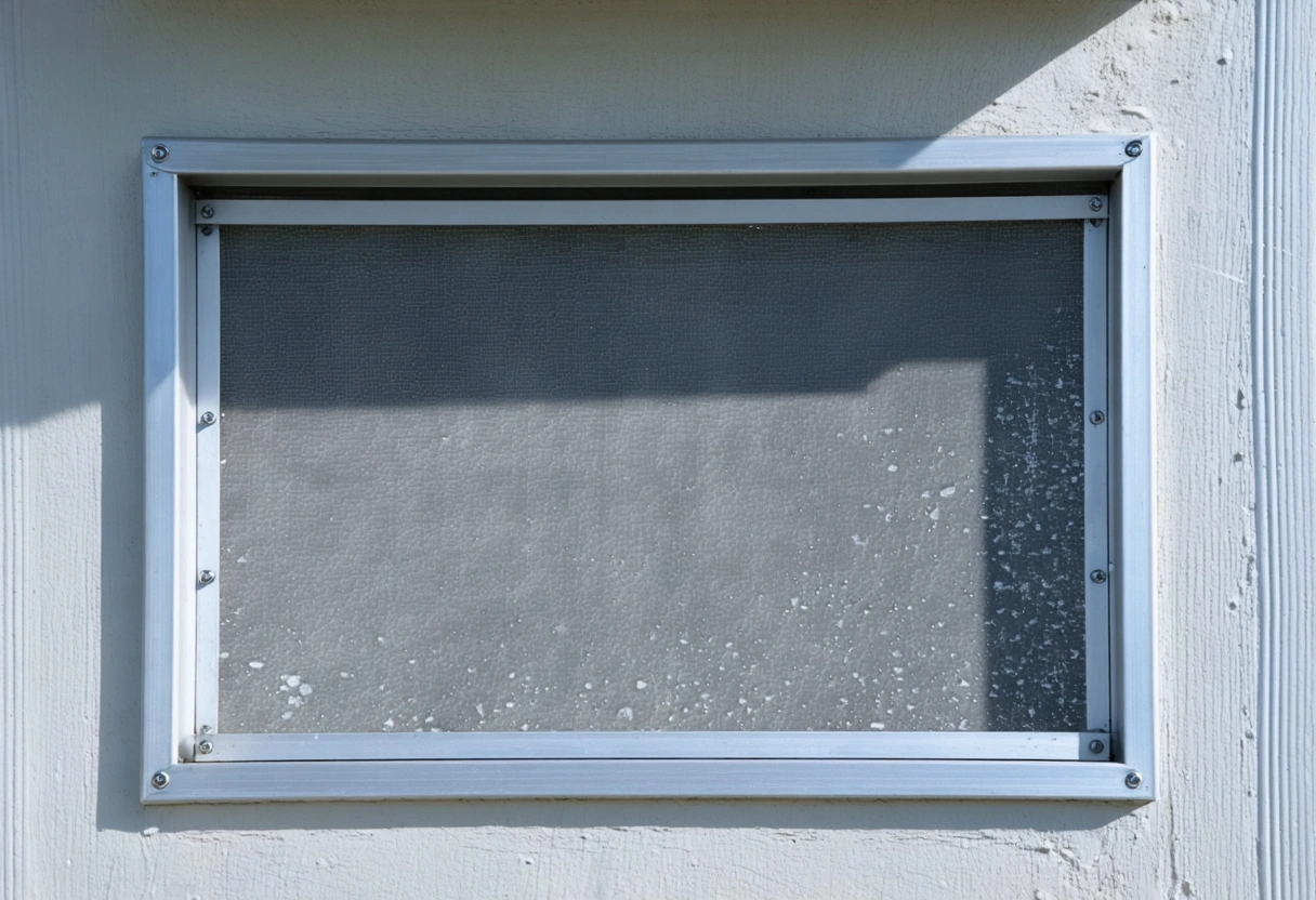 Aluminum enclosure frame and screen showing salt and moisture buildup under Florida sunlight near coast