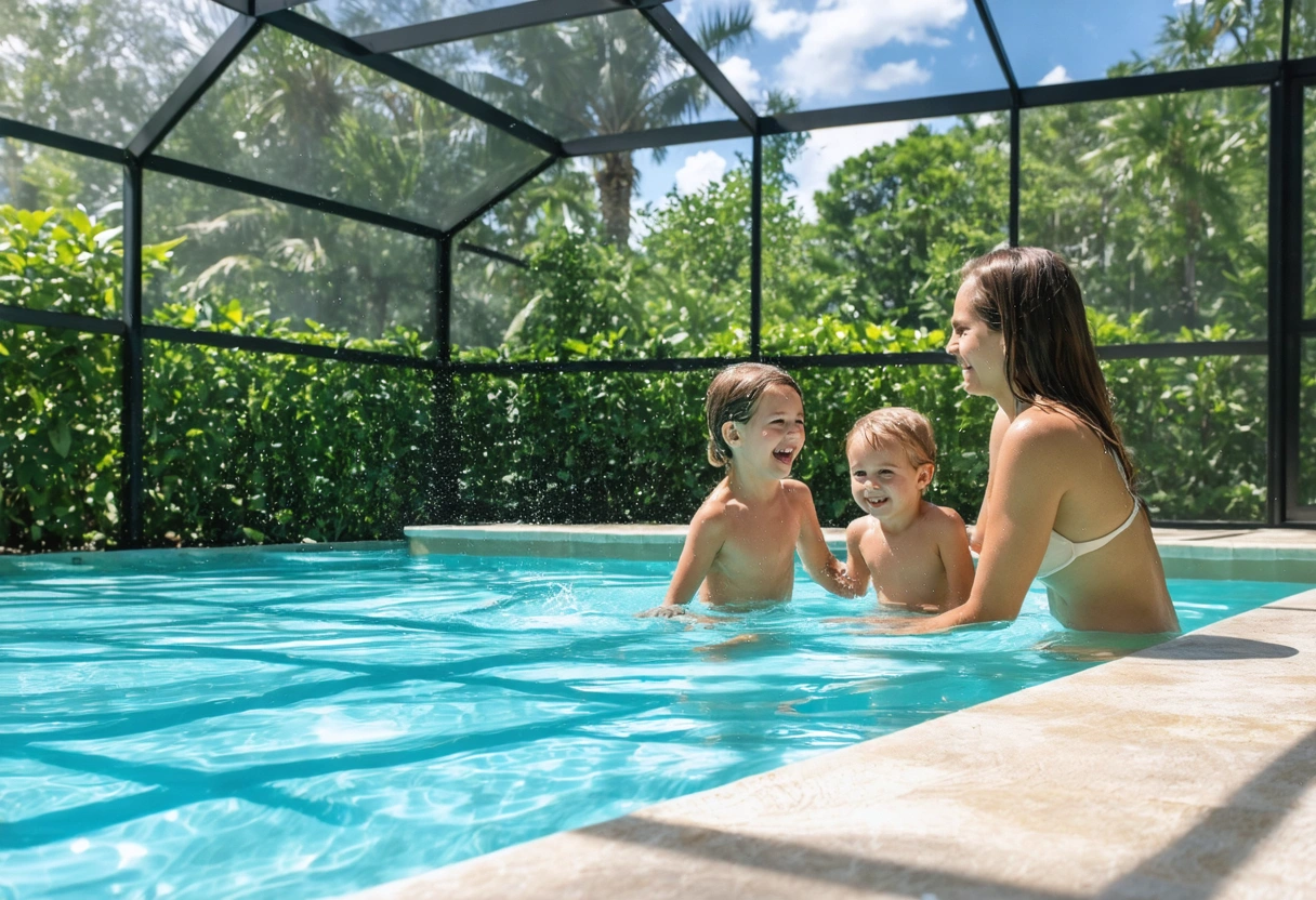 Family swimming inside aluminum pool enclosure with no insects, lush greenery outside, bright sunlight