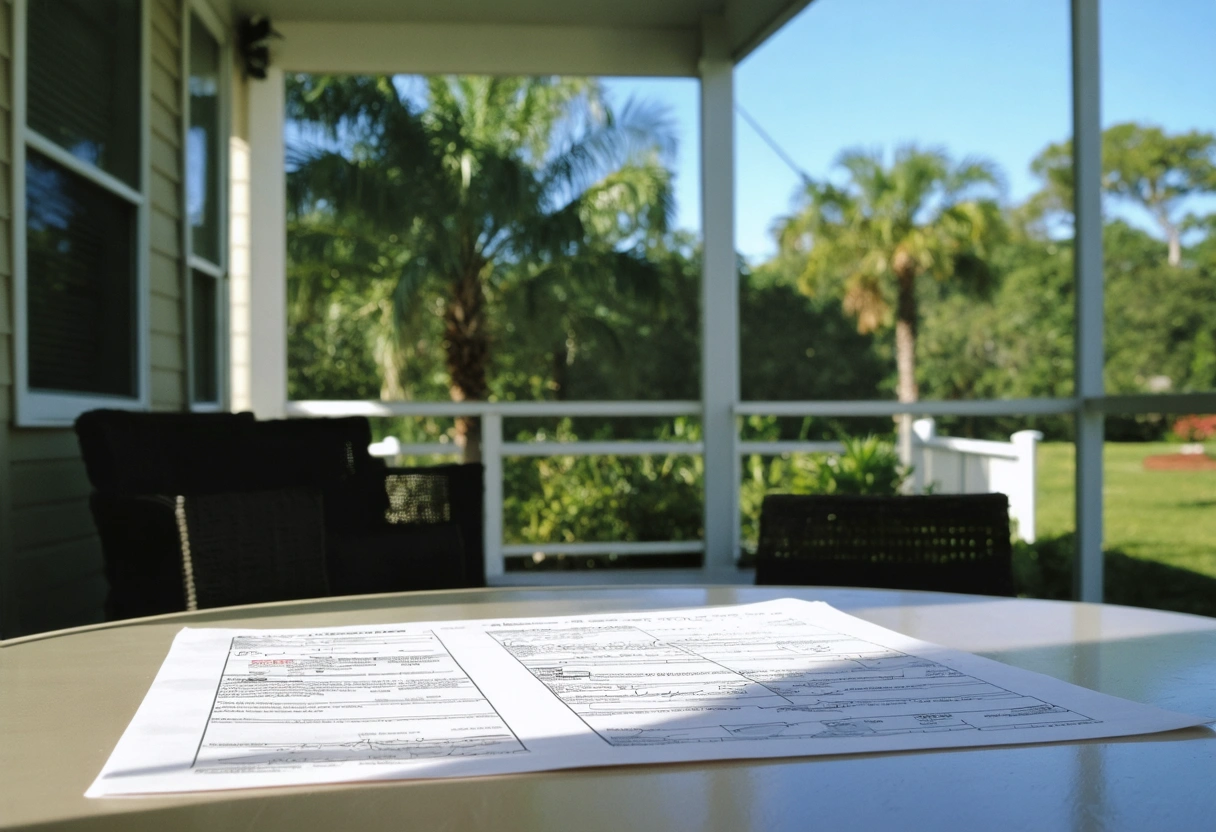 Florida home with hurricane-rated aluminum patio enclosure, permit papers on table, palm trees, secure atmosphere