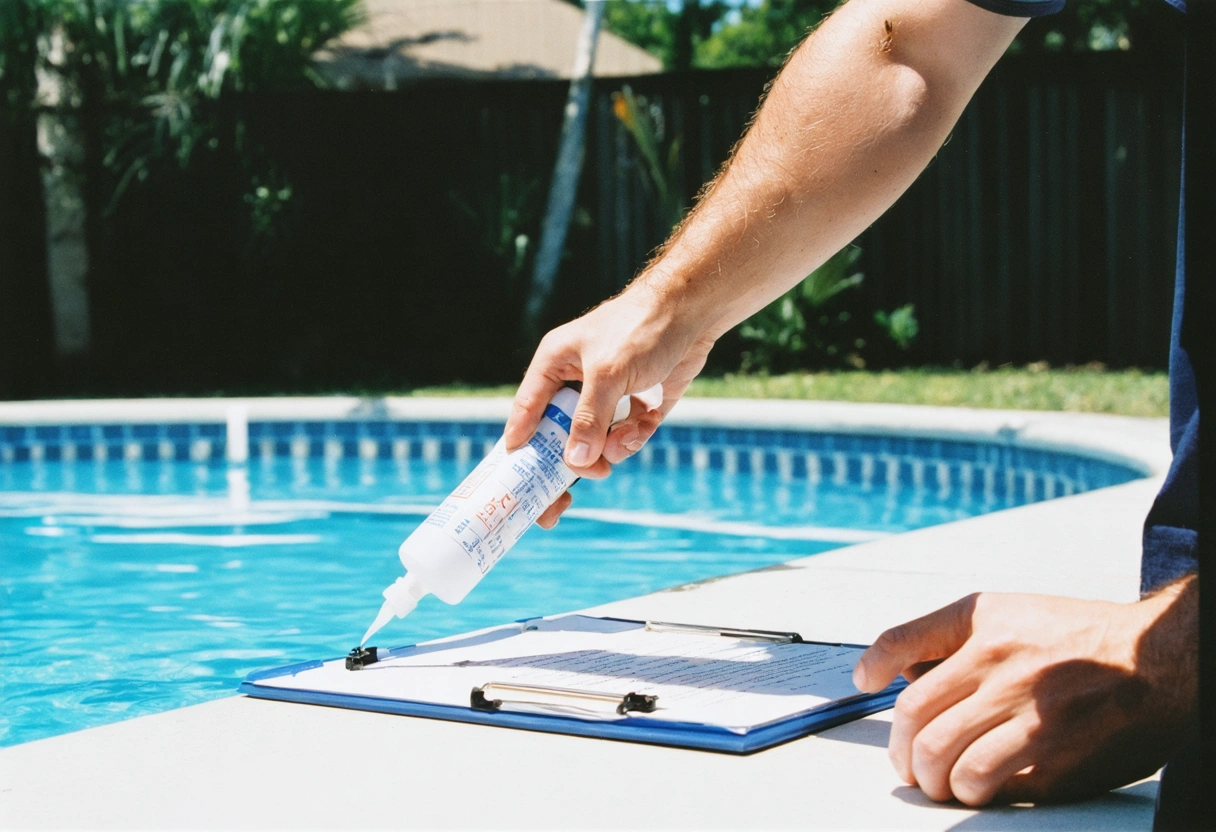 Hand applying sealant to aluminum pool cage frame, checklist and Florida foliage visible