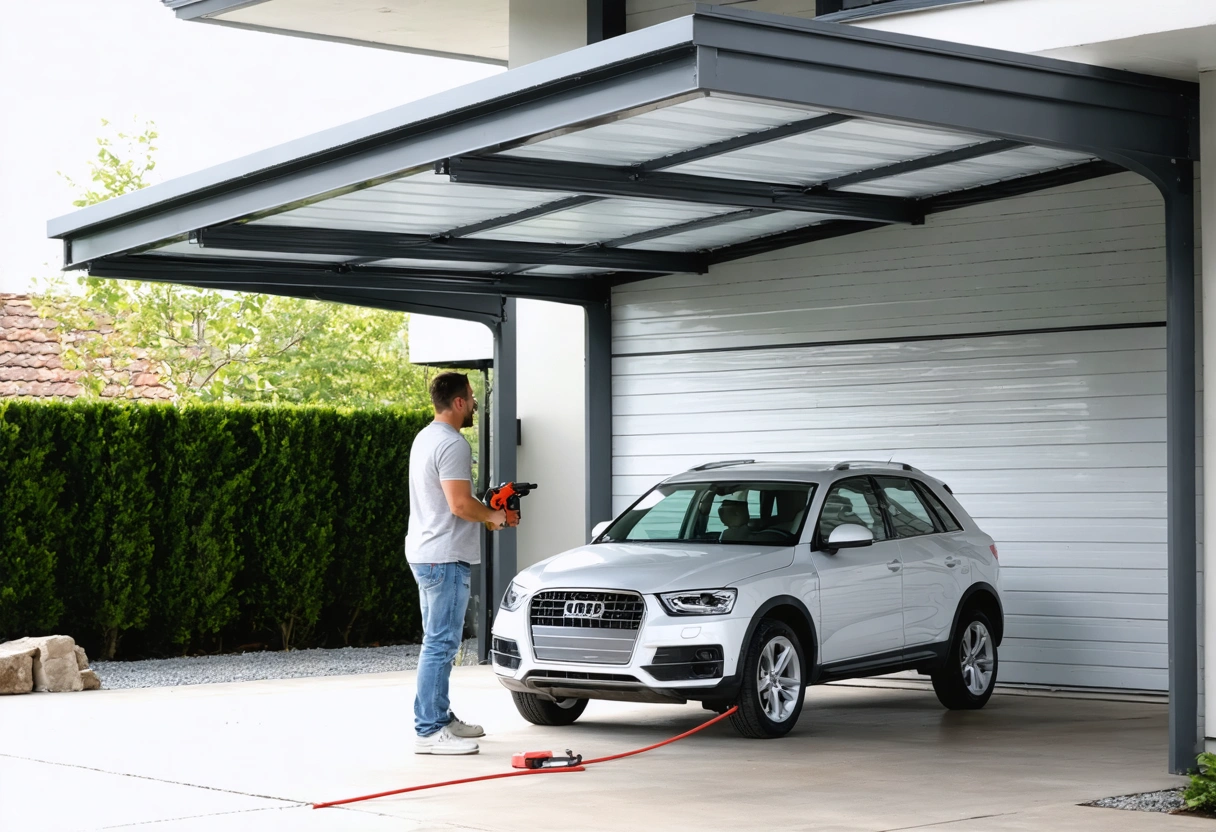 Homeowner replacing aluminum carport section with modern tools, open space and add-ons visible