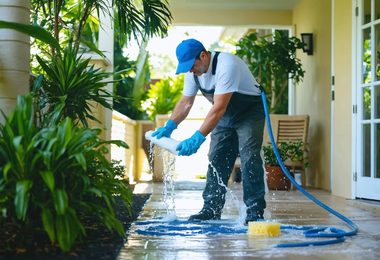 Homeowner cleaning aluminum lanai frame with sponge and soapy water, tropical plants nearby