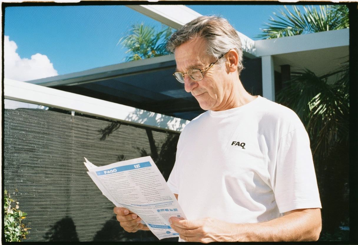Homeowner inspecting aluminum screen enclosure with printed FAQ guide, palm trees and blue sky