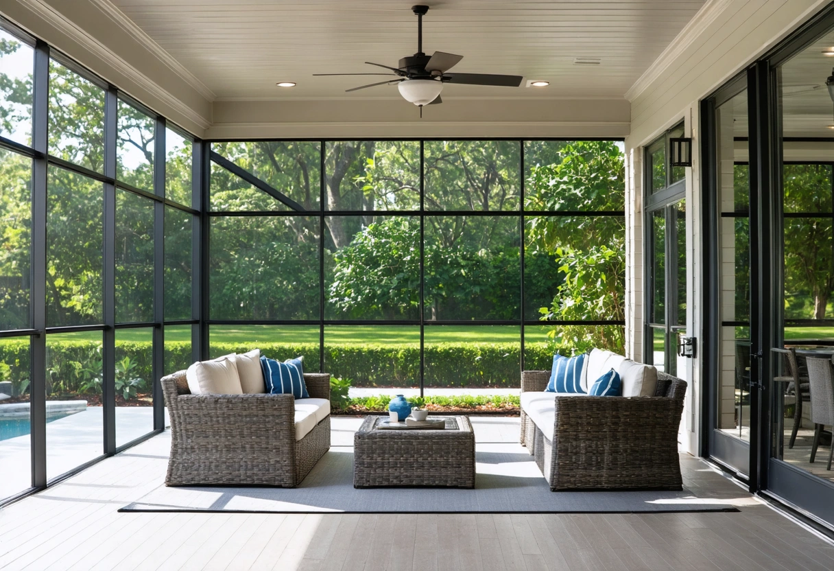 Hybrid patio enclosure with solid aluminum panels, screened upper sections, stylish seating, and Florida greenery
