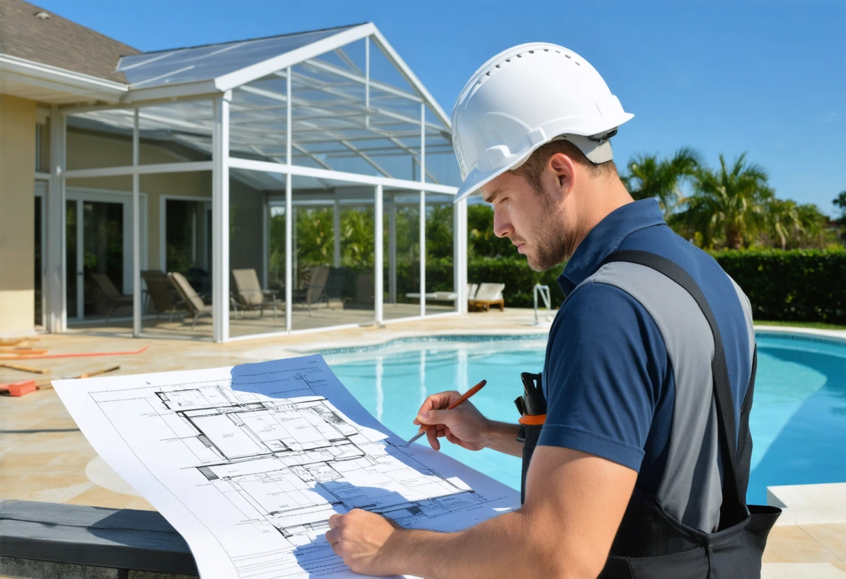 Licensed contractor examining blueprints next to aluminum pool enclosure construction with permit documents visible