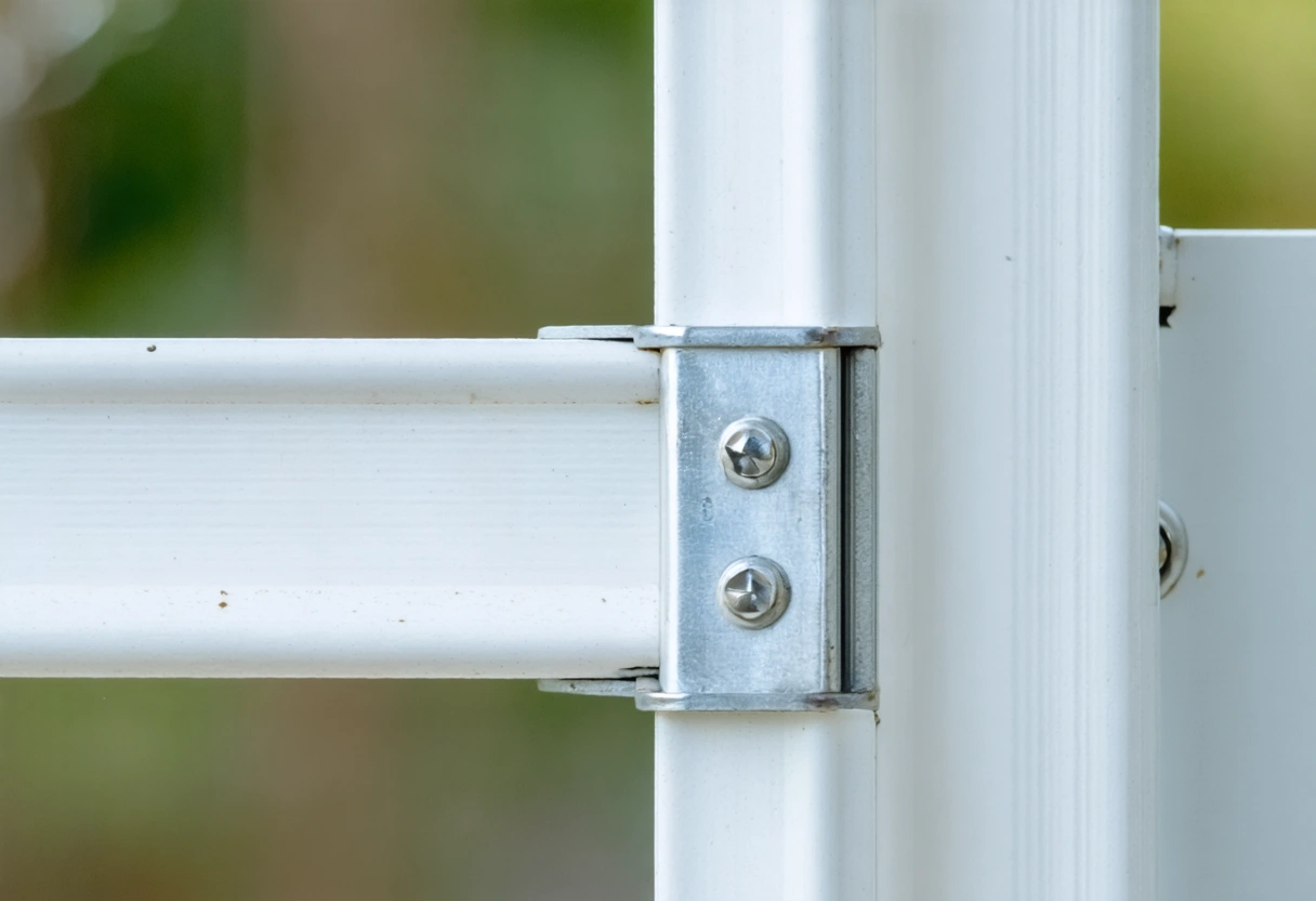 Close-up of stainless steel screws securing white aluminum beams on a screened lanai in daylight