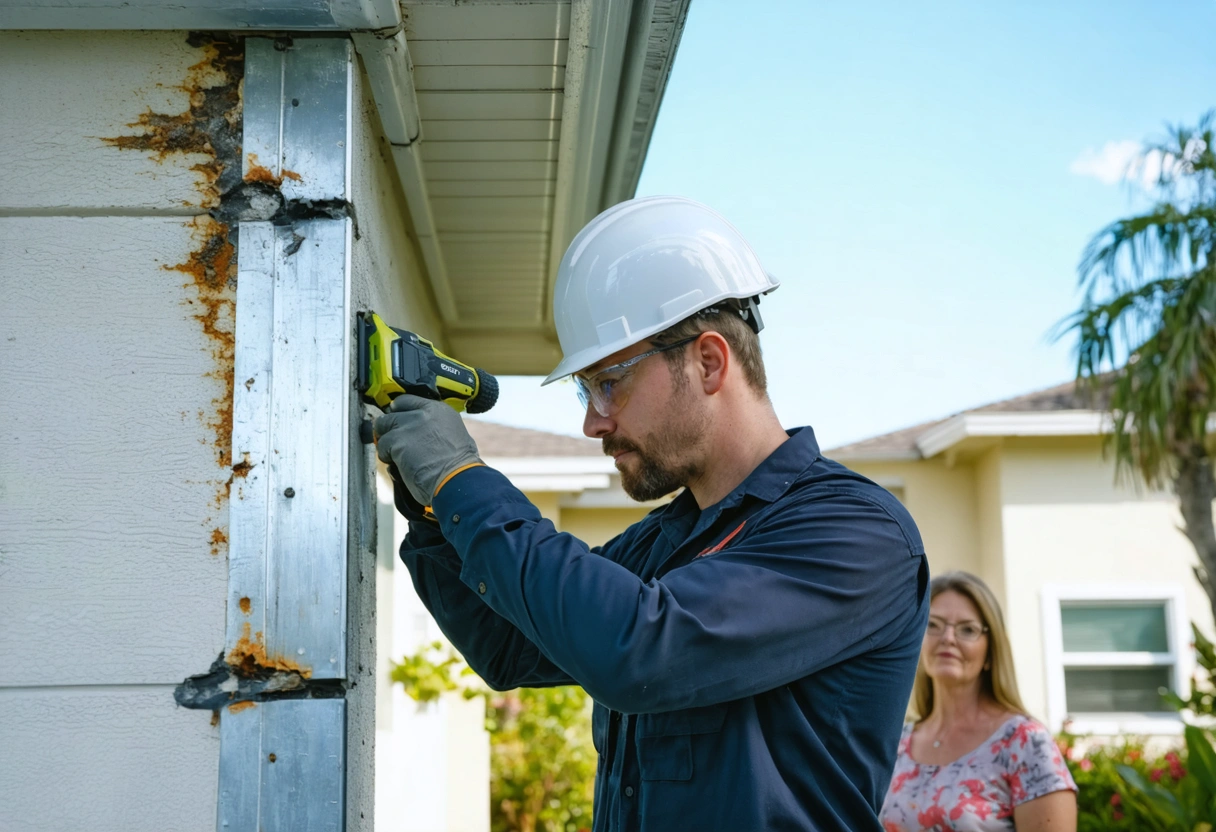 Contractor repairing corroded aluminum enclosure corner with tools, homeowner watching, Florida home background