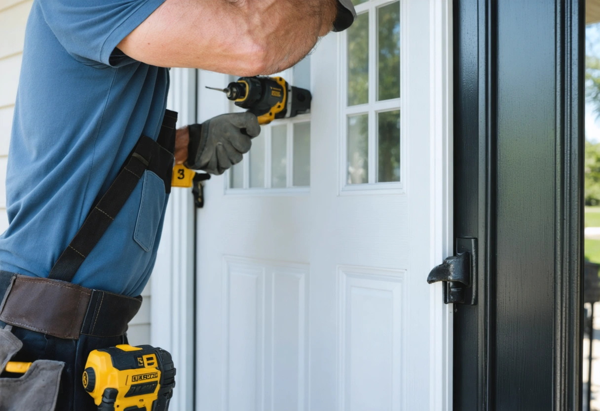 Professional installer aligning aluminum entry door on Florida house, using power tools and sealant