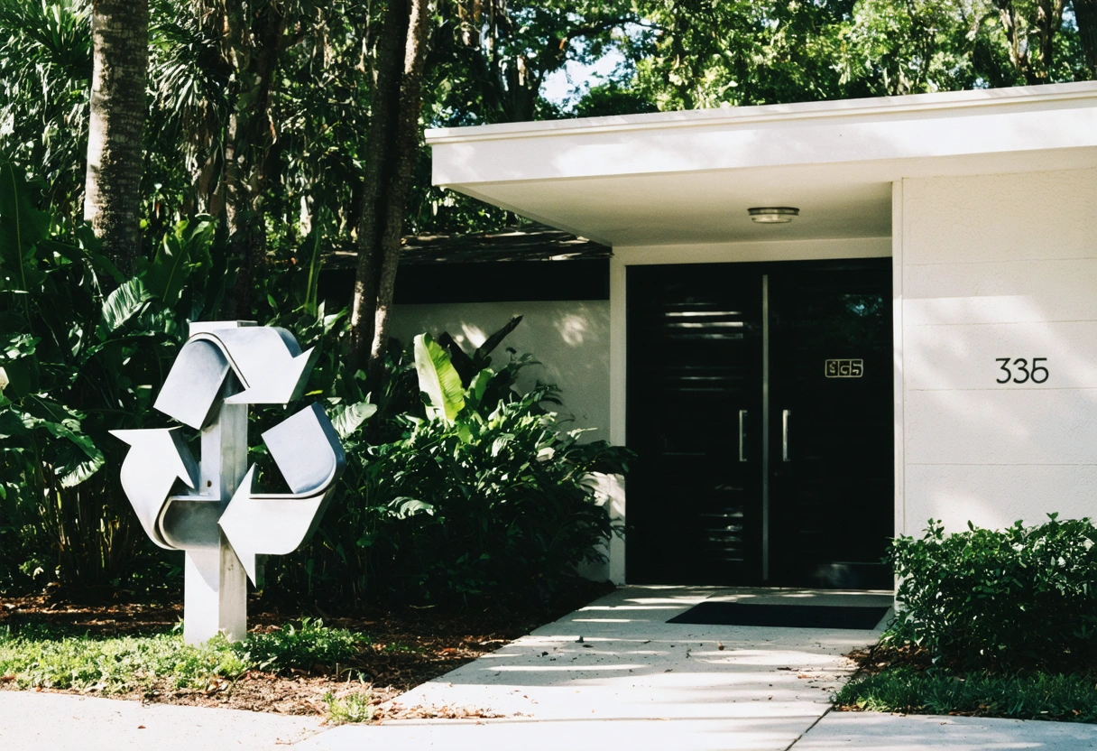 Recycled aluminum symbol next to modern aluminum entryway, sunlit Florida landscaping, eco-friendly atmosphere