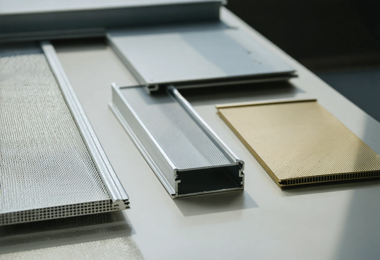 Marine-grade aluminum profiles, powder-coated swatches, stainless fasteners, and pet-resistant mesh on table
