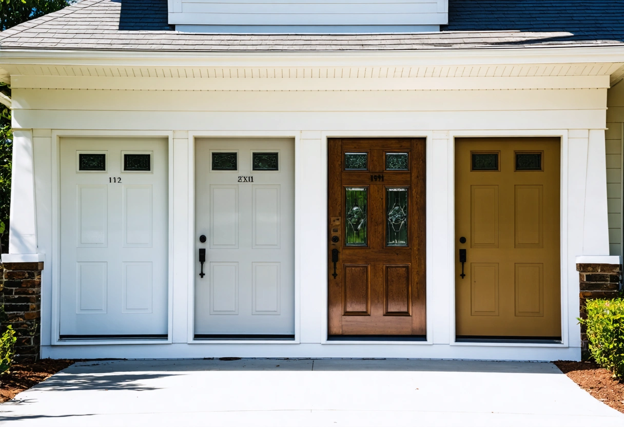 Four labeled front doors—aluminum, wood, steel, fiberglass—side by side on Florida home facades