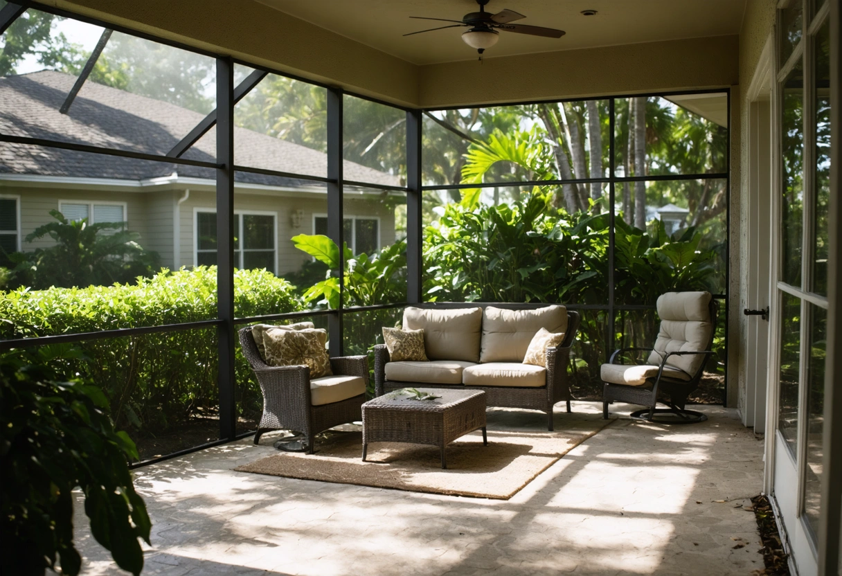 Spacious screened patio enclosure with comfortable furniture, sunlight, and tropical plants in Punta Gorda