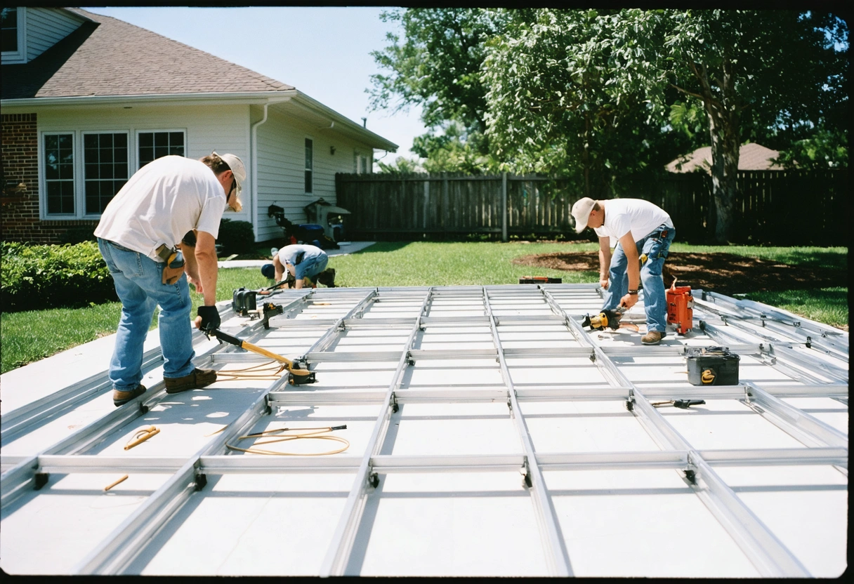 Technicians assembling aluminum pool enclosure frame in Florida backyard with tools and pool visible