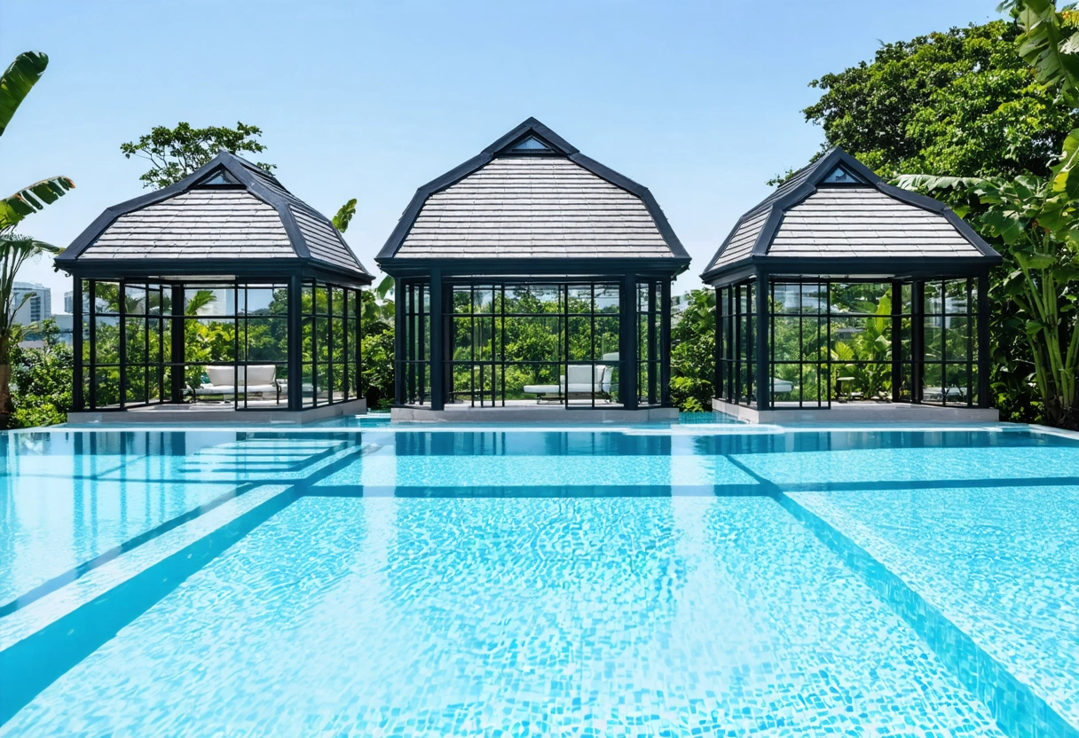 Three pool enclosures with dome, gable, and mansard roofs over pools, tropical landscaping
