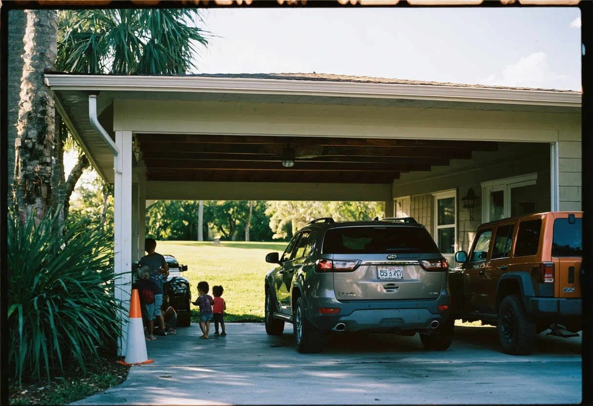 A beautiful carport in a Southwest Florida home, enhancing the outdoor experience, cars parked, family