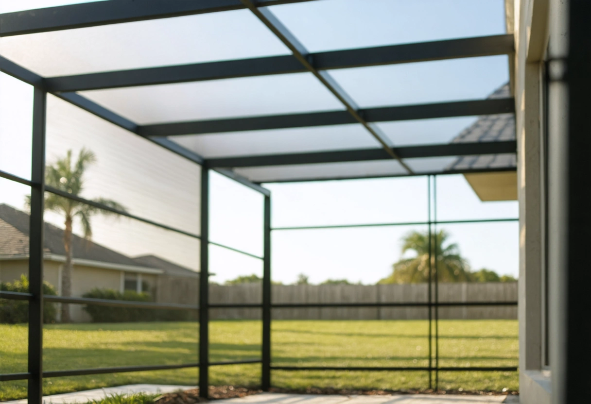 Close-up of rust-resistant hurricane-rated screen enclosure in Florida backyard