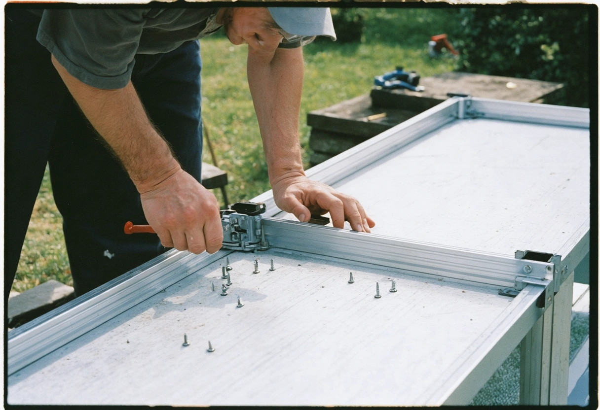 Close-up of hands tightening screws on aluminum enclosure frame