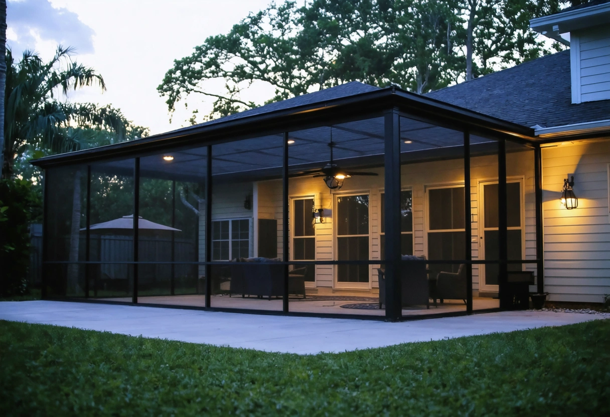 Cost-effective hurricane-rated screen enclosure with energy-efficient features at sunset