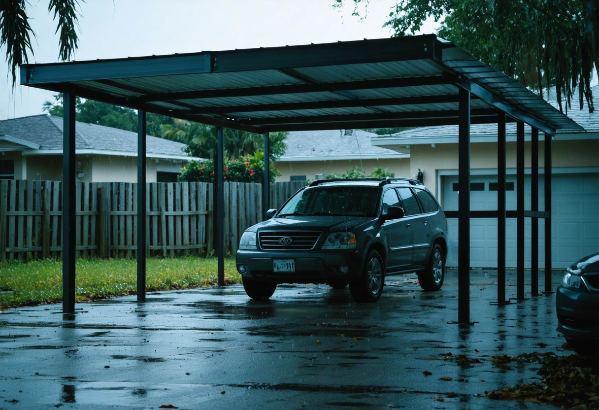 Metal carport in suburban Florida, shelters car from rain.