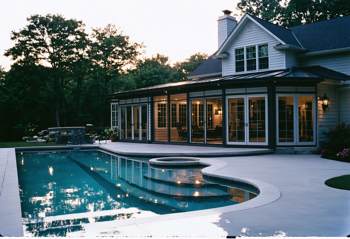 A custom-designed aluminum pool enclosure with intricate patterns complements a luxurious home. The enclosure blends