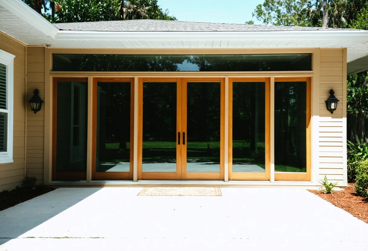 A customized aluminum entry enclosure with wood accents and glass panels, reflecting a homeowner's unique