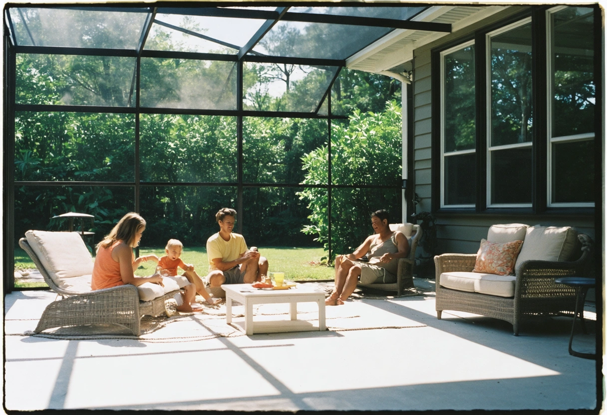 Family enjoying sunny day inside hurricane-rated screen enclosure