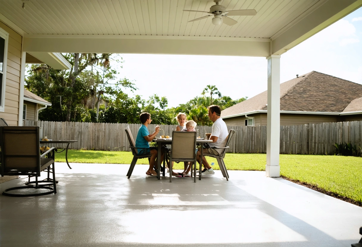 A family enjoying their well-maintained aluminum lanai in Rotonda West, Florida. The setting is a