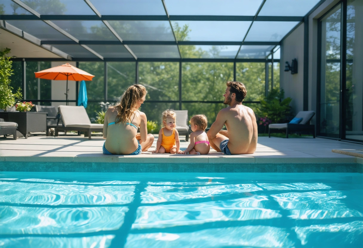 A family enjoys a sunny day by the pool, protected by a sturdy aluminum enclosure.