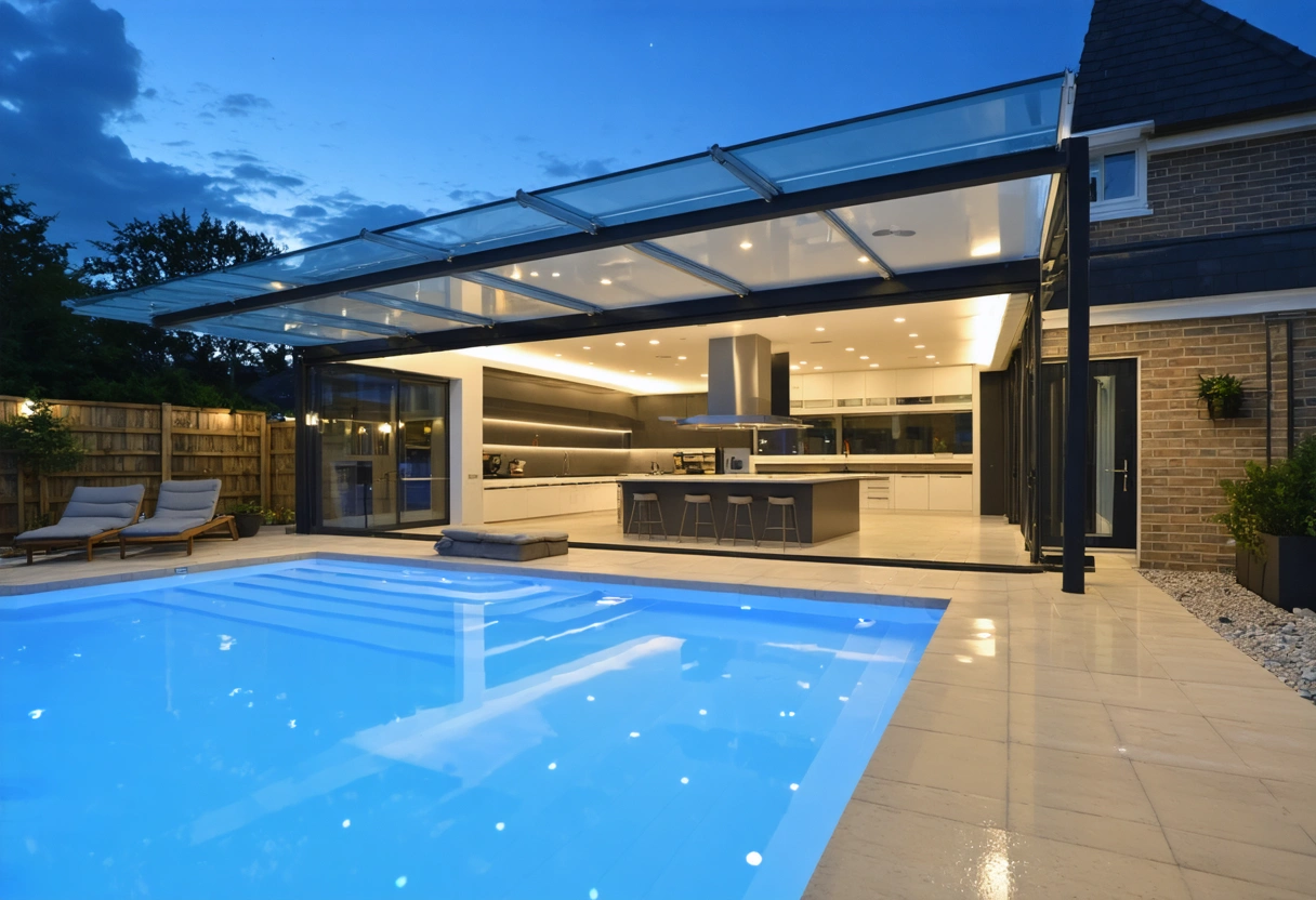 A modern aluminum pool enclosure with a retractable roof and integrated lighting. The space is
