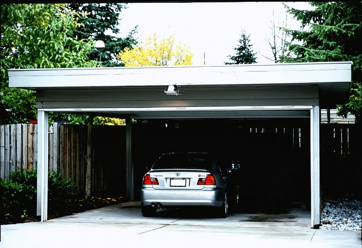 Modern carport with motion-sensor lights, security cameras, ample space.
