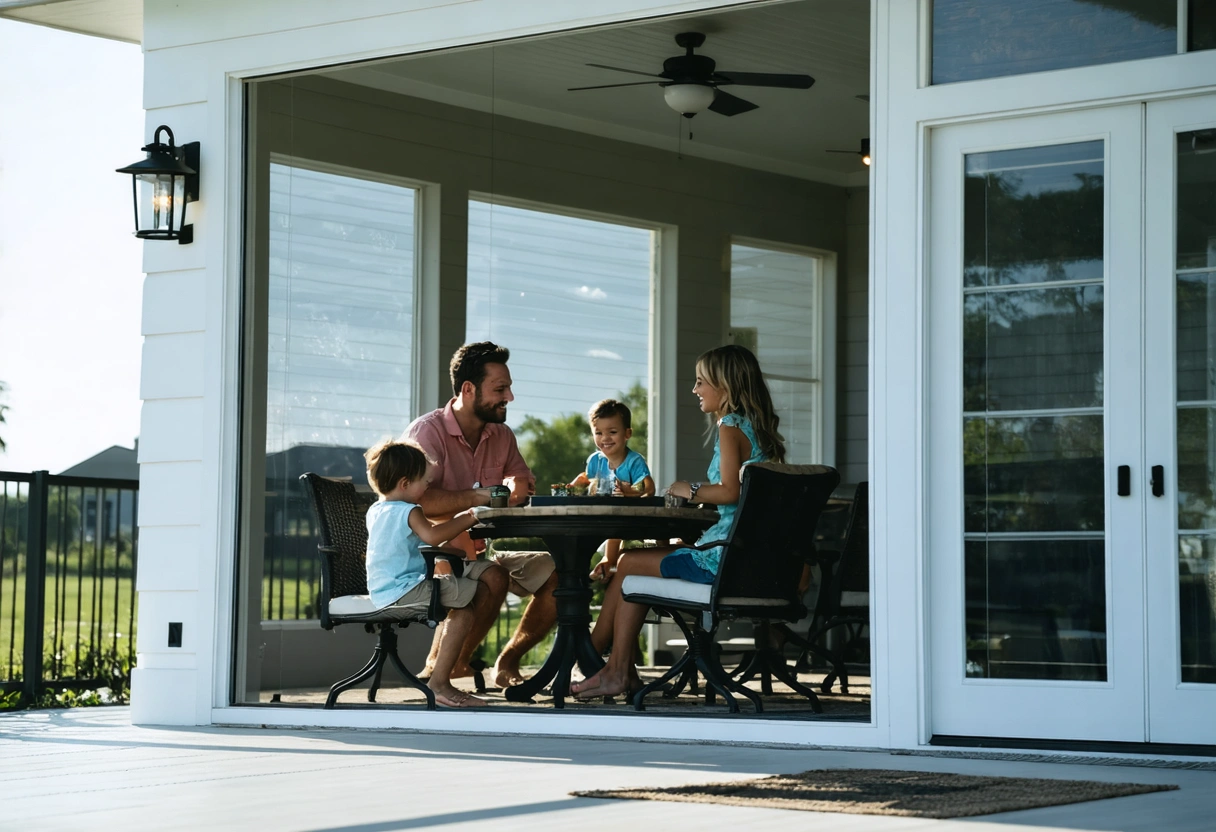 A North Port, FL family enjoying their upgraded aluminum entry enclosure with large glass panels.