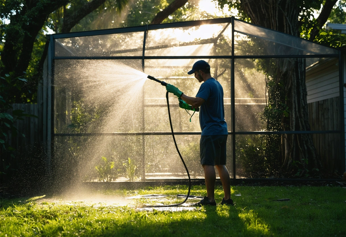 Person cleaning aluminum screen enclosure with hose in sunny Florida backyard