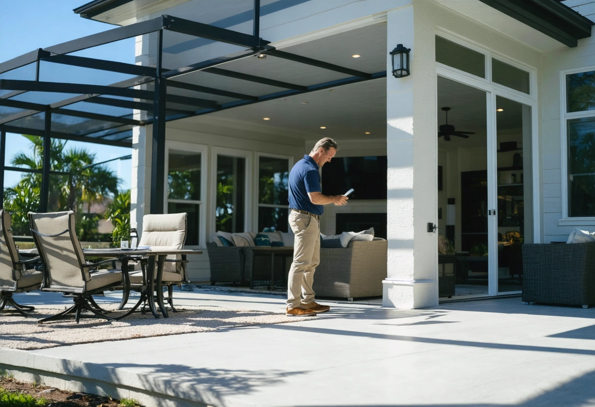 Professional discussing aluminum enclosure maintenance with homeowner on sunny patio
