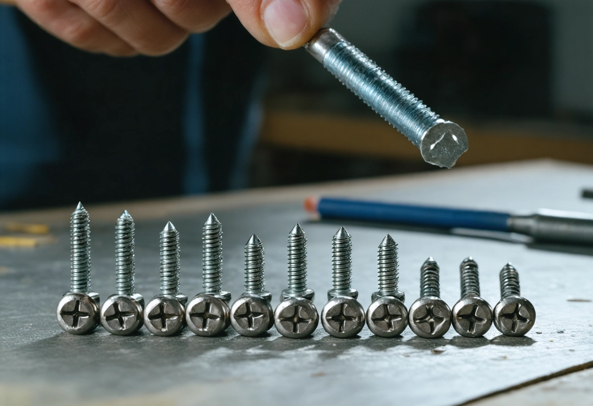 A professional showing a variety of stainless steel screws to a homeowner in a workshop.