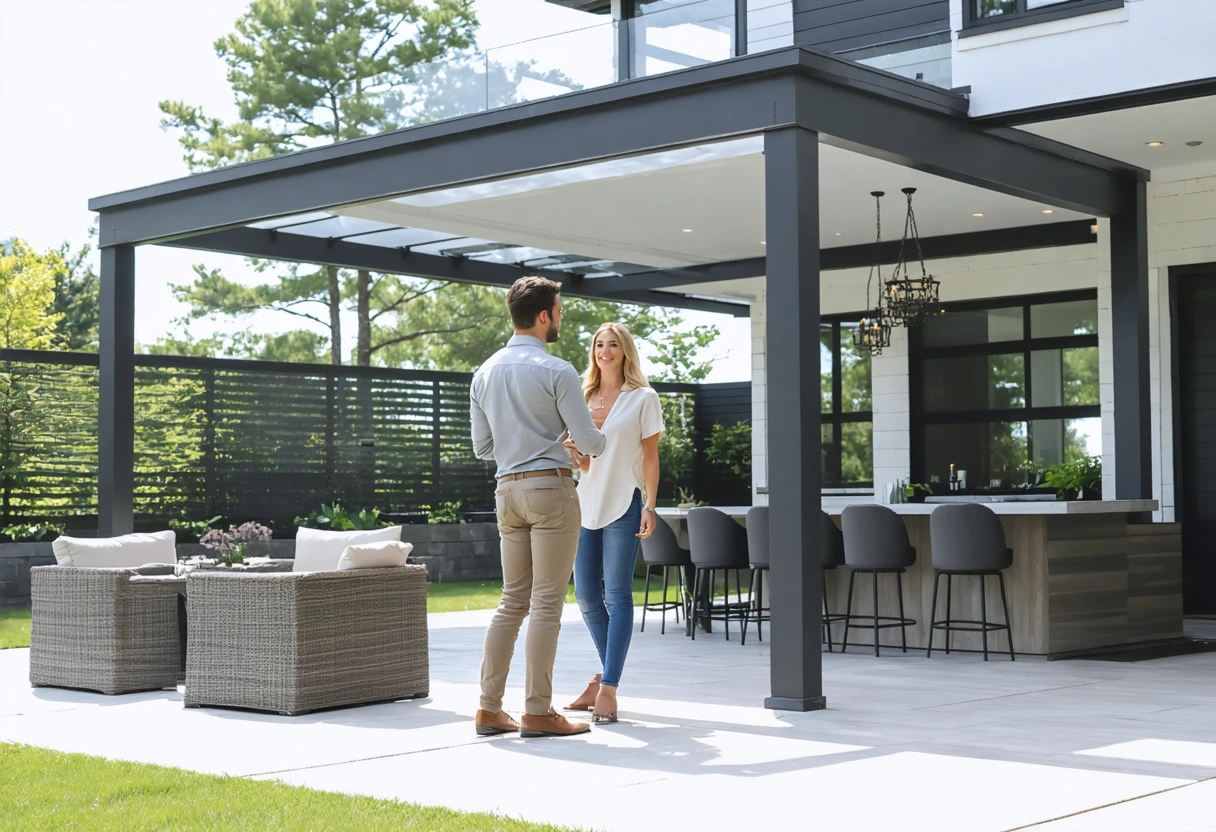 A real estate agent showing a couple a beautiful home with a modern patio enclosure,