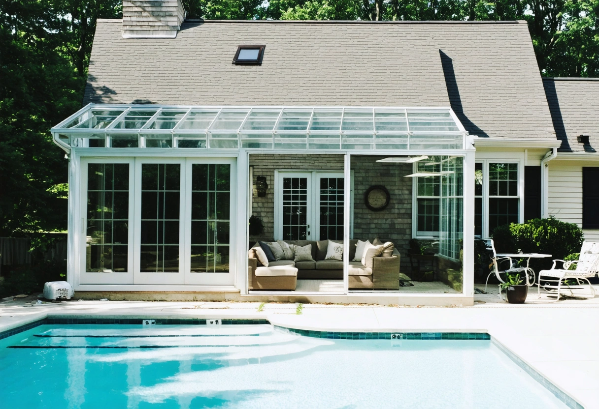 A real estate agent shows a potential buyer a home with a pristine aluminum pool
