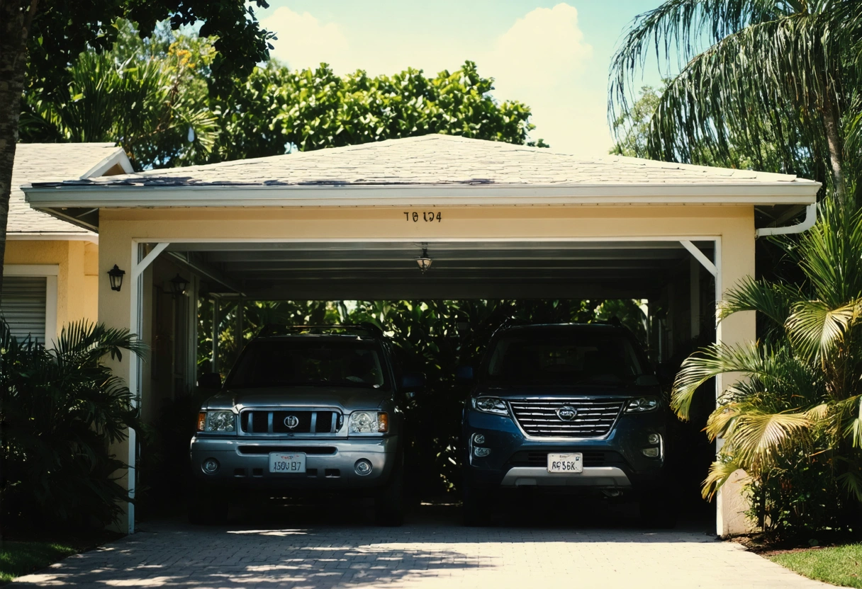 A residential carport in Southwest Florida protecting vehicles from sun and rain, surrounded by tropical