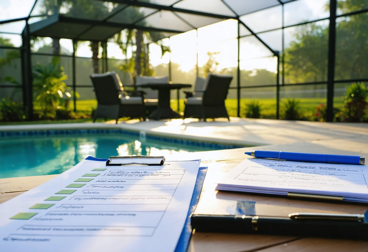 Southwest Florida backyard with aluminum enclosure and maintenance checklist on table