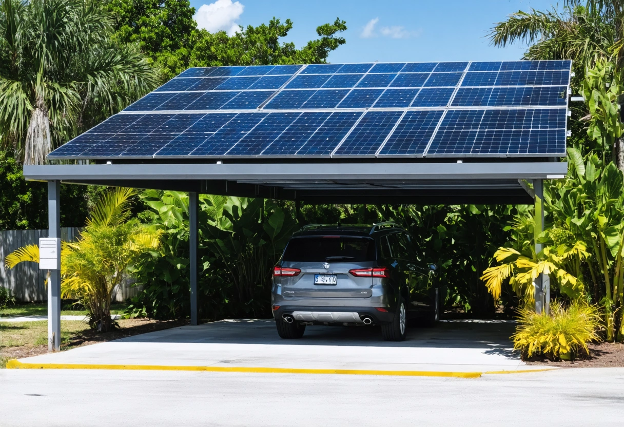 A solar panel-equipped carport in Southwest Florida, providing shade and renewable energy, surrounded by native