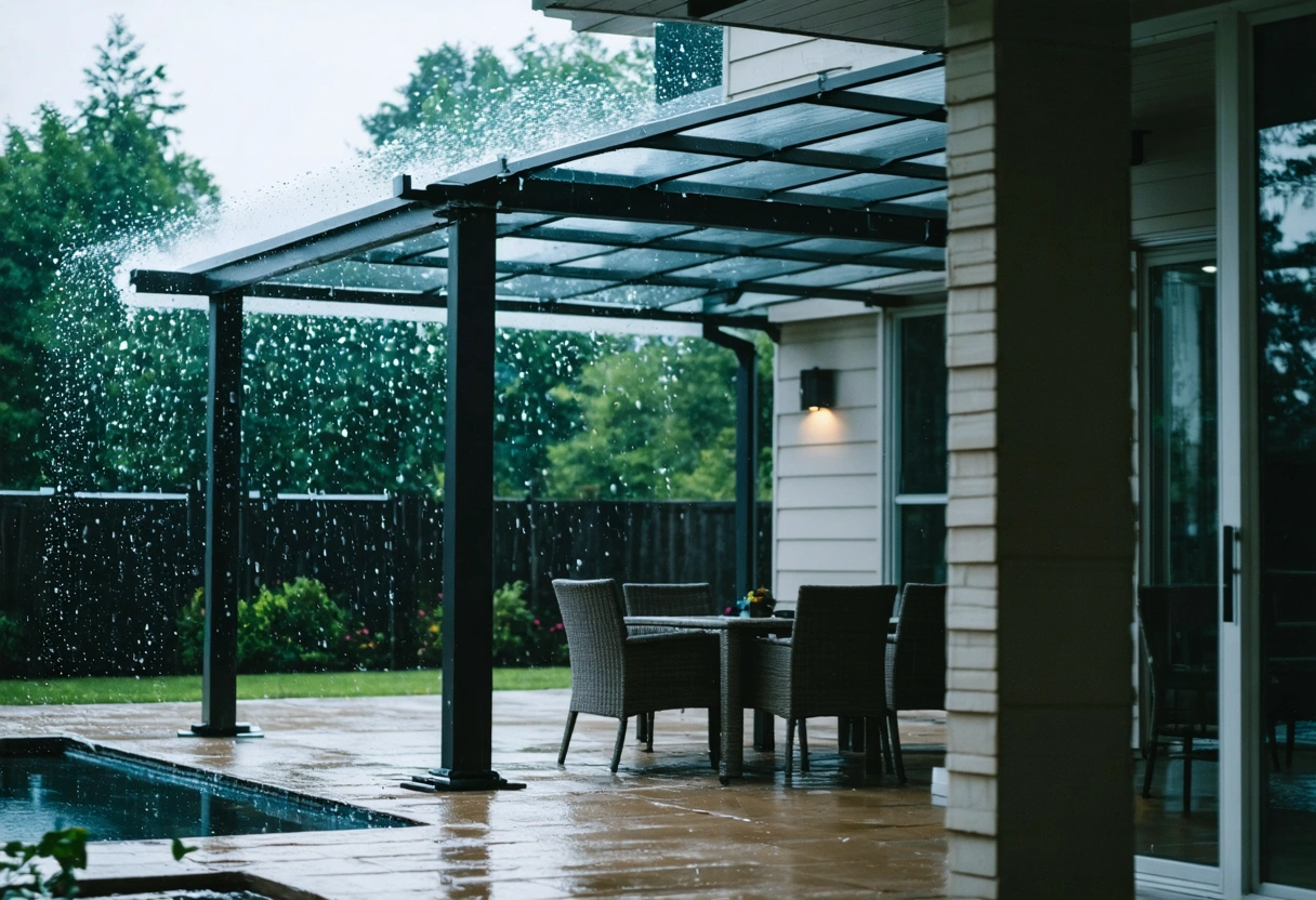 A sturdy aluminum patio enclosure protecting outdoor furniture from a sudden rainstorm, with raindrops visible