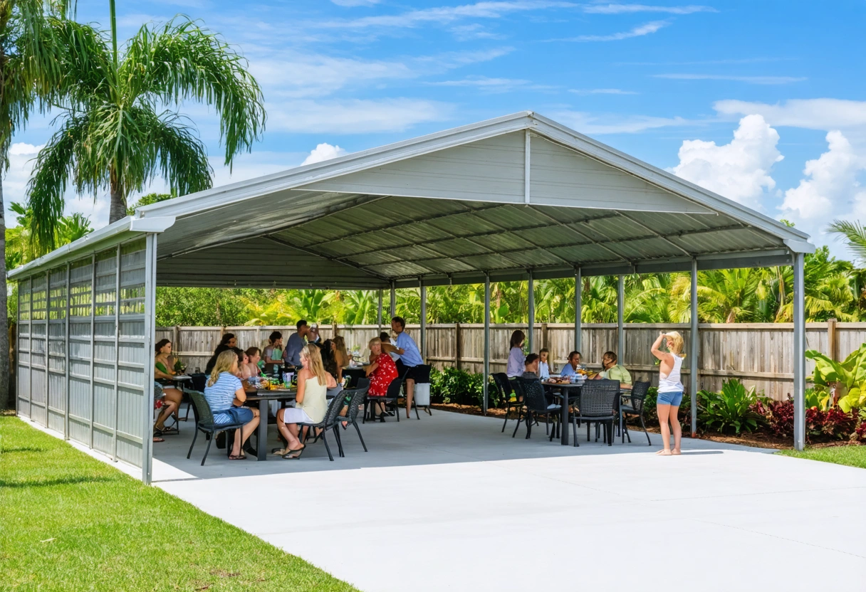 A versatile carport in Southwest Florida used for a family barbecue, with tables and chairs
