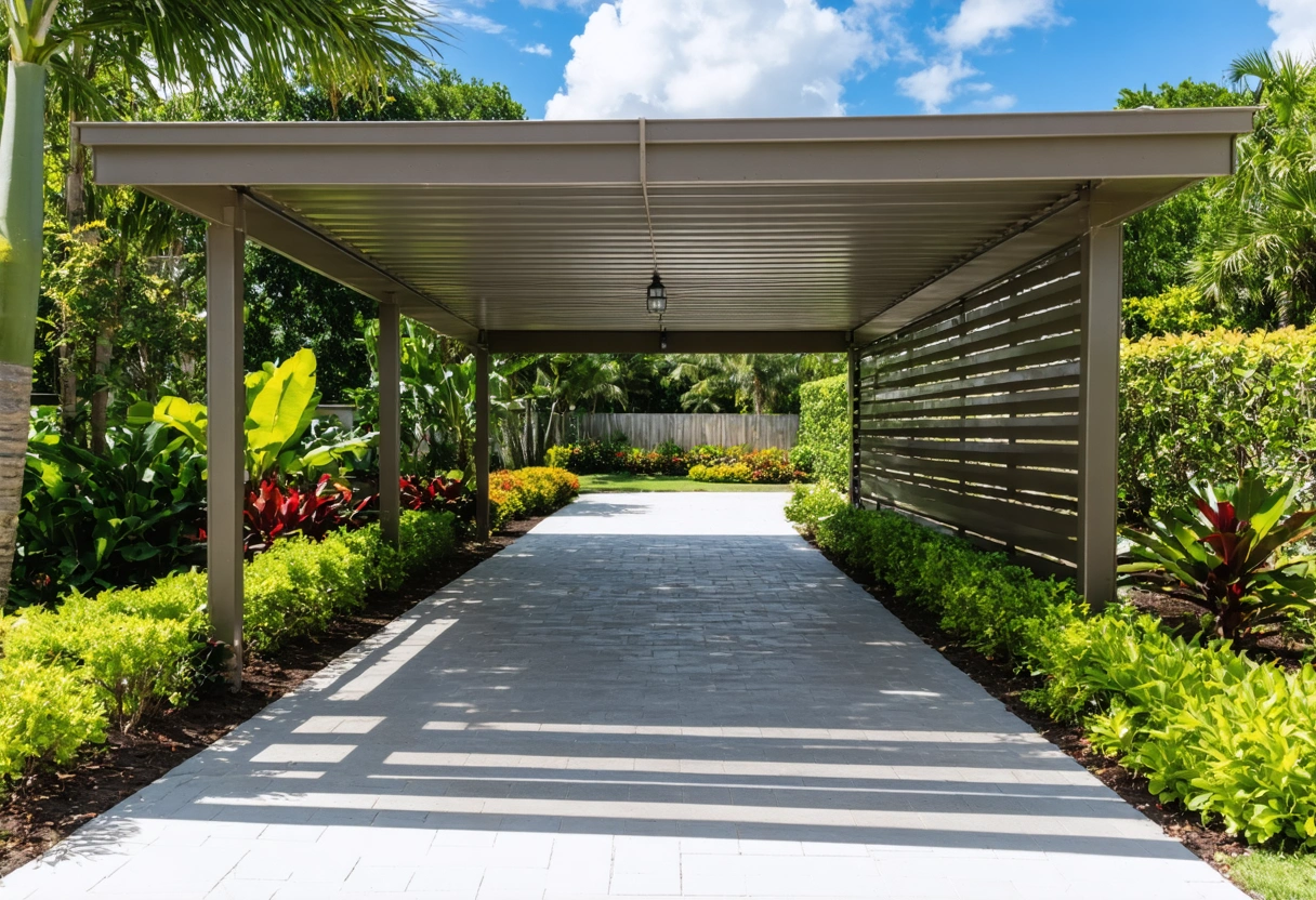 A well-designed carport integrated with a Southwest Florida garden, creating a cohesive outdoor living space,