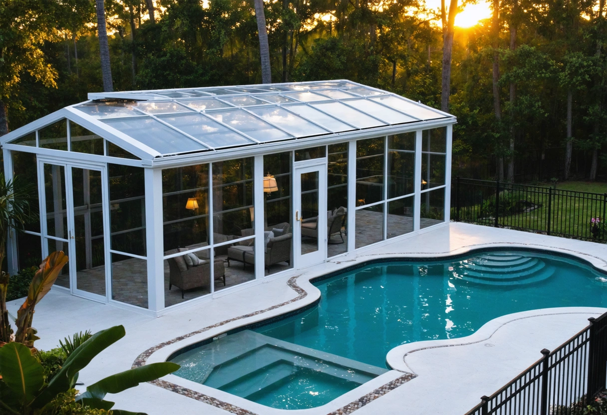Aerial view of a stylish aluminum pool enclosure in a Florida backyard. The enclosure adds