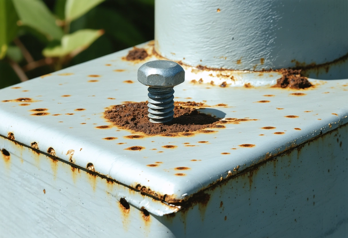 Close-up of a corroded screw on an aluminum structure in a Florida garden, showing rust