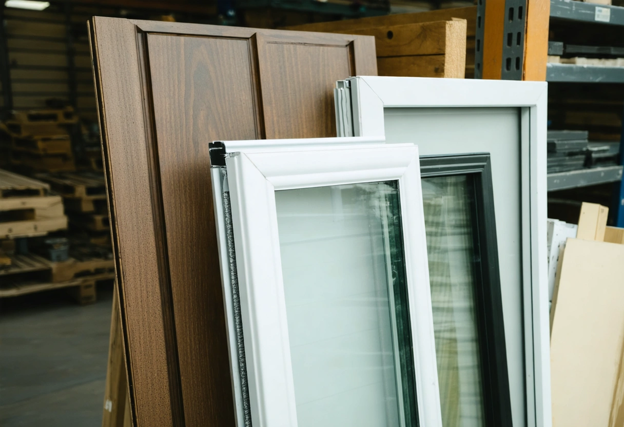Close-up of different patio enclosure materials like aluminum, wood, and vinyl, displayed in a workshop