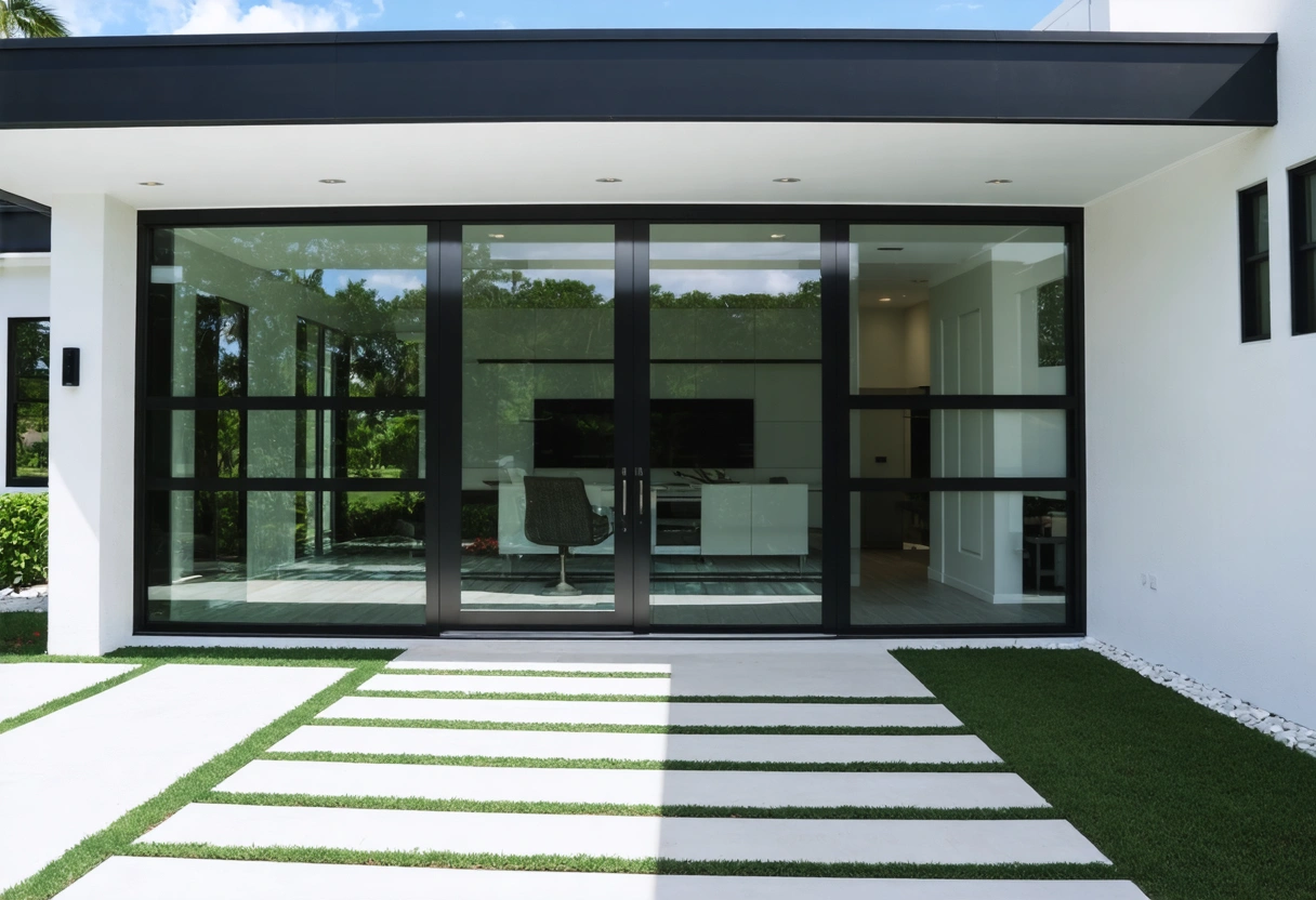 Modern architectural design featuring an aluminum entry enclosure in a North Port, FL home. The